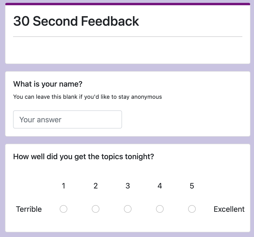 screenshot of feedback form